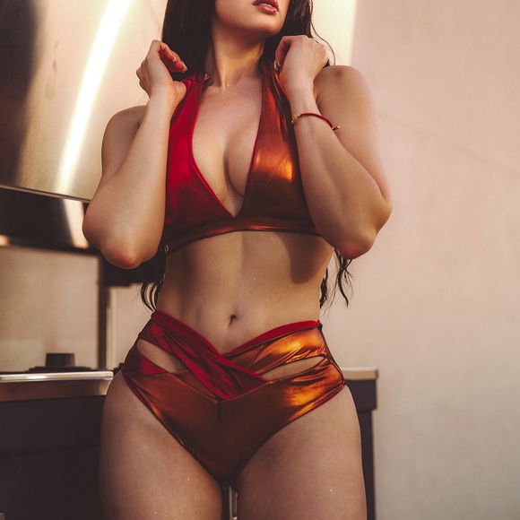 PORSHIA Other - Fuego color block red and orange halter bikini top. NWT. Metallic.